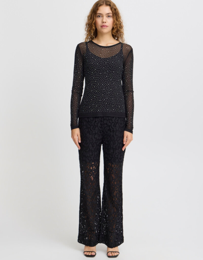 ICHI Volia Long Sleeve Sheer Embellished Top