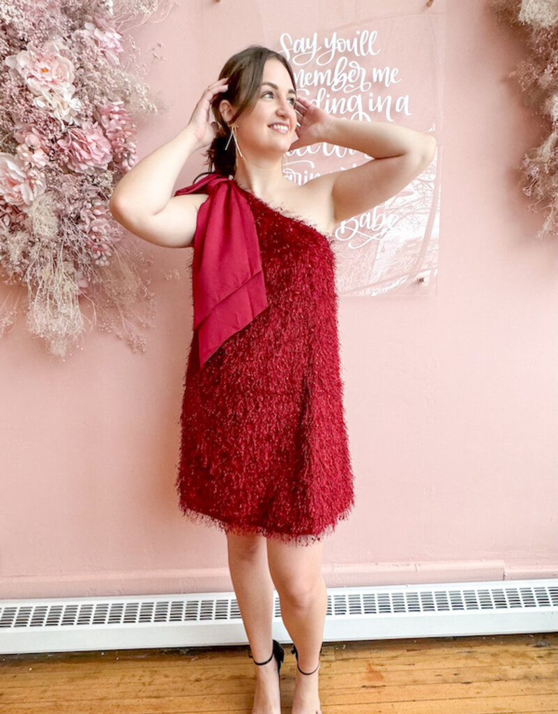 Adelyn Rae Elisha One Shoulder Fringe Mini Dress
