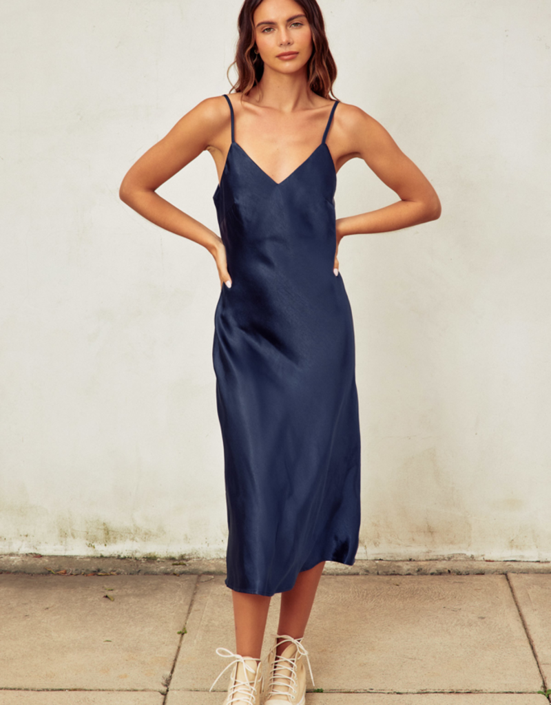 Dress Forum Ramiel Satin Bias Cut Slip Dress in Midnight Blue