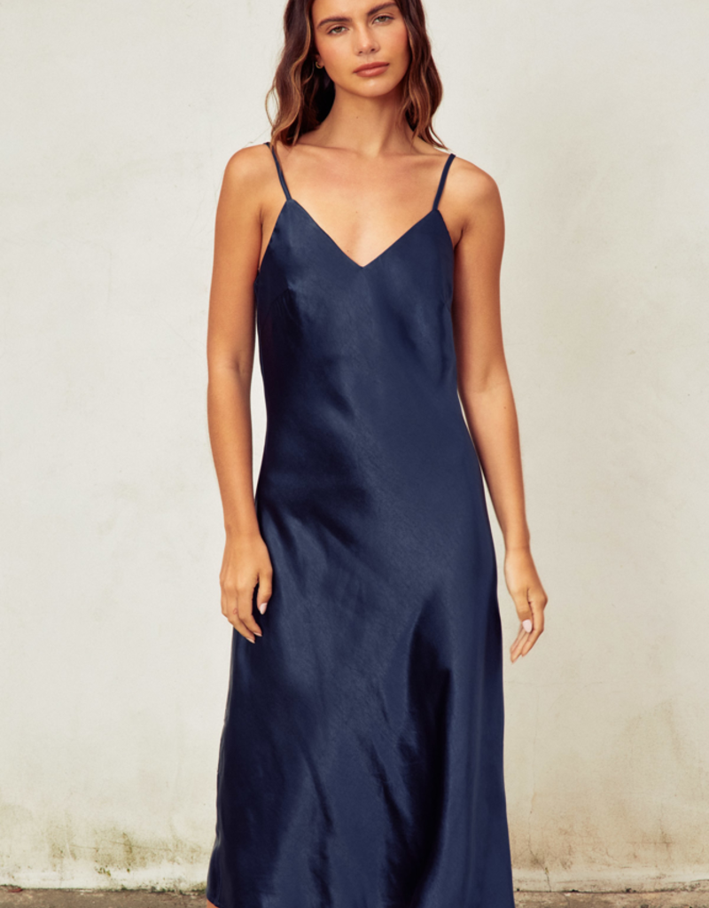 Dress Forum Ramiel Satin Bias Cut Slip Dress in Midnight Blue