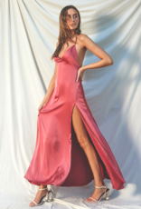 Dress Forum Emerie Matte Satin Open Back Plunging Maxi Dress in Coral Rouge