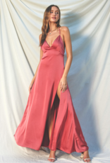 Dress Forum Emerie Matte Satin Open Back Plunging Maxi Dress in Coral Rouge