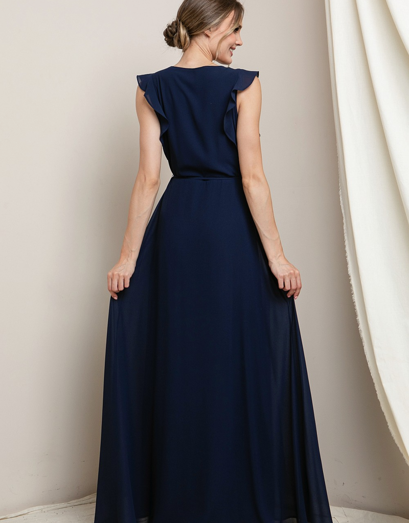 Soieblu Flutter Sleeve Maxi Wrap Dress in Navy