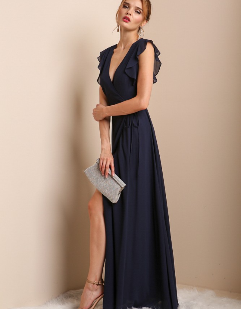Soieblu Flutter Sleeve Maxi Wrap Dress in Navy