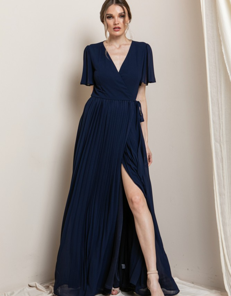 Soieblu Georgia Pleated Maxi Dress in Navy
