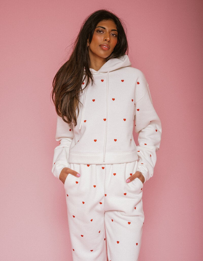 Brunette the Label All Over Tiny Heart Jogger in Coconut Cream with Red