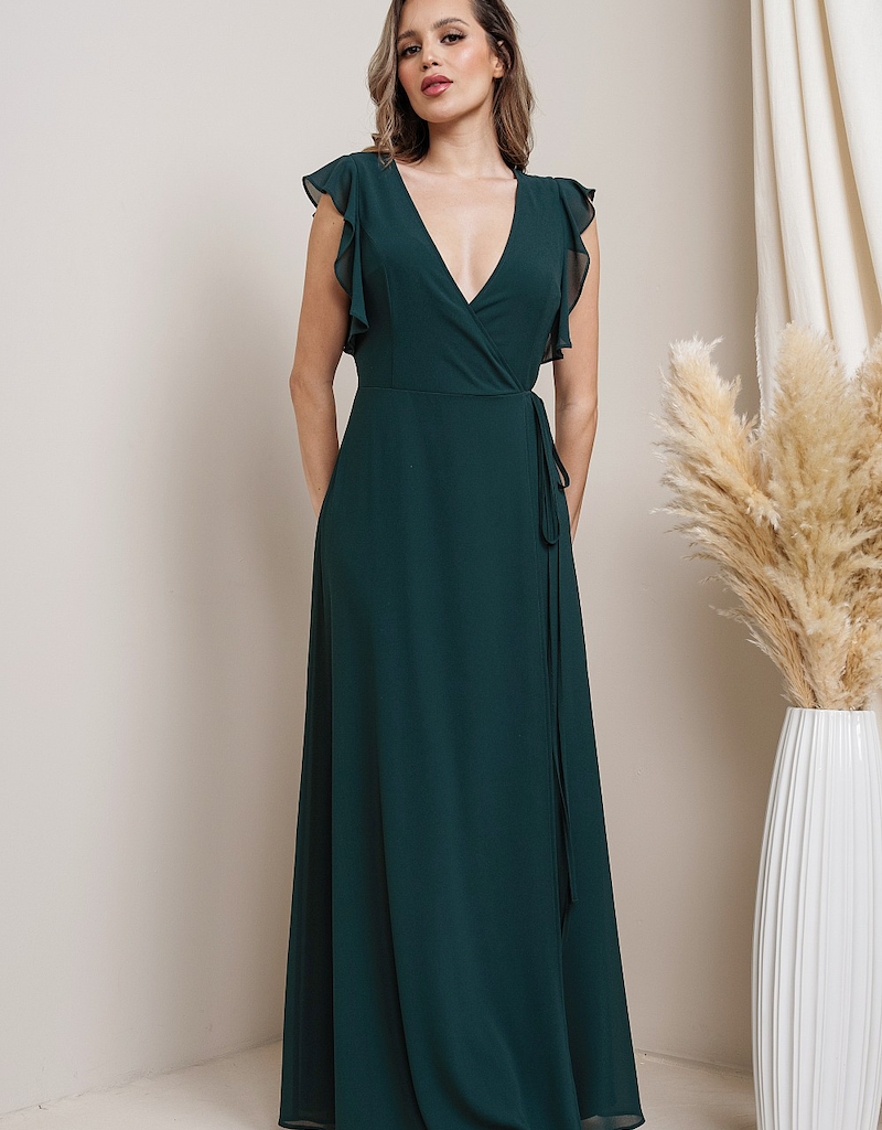 Soieblu Flutter Sleeve Maxi Wrap Dress Hunter Green