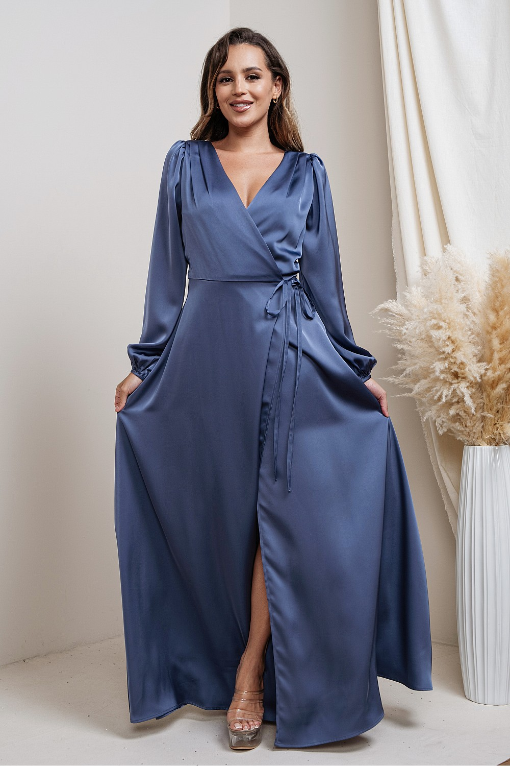 Blubre Dress Long Sleeve “Cashmere Silk” Lesa Long Sleeve Satin Maxi in French Blue - Adorn Boutique