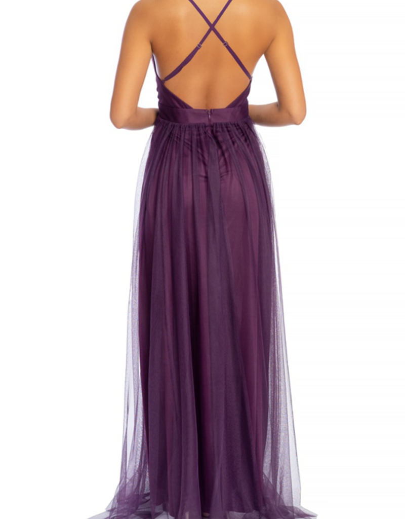 Luxxel Selena Tulle Maxi Dress in Dark Purple
