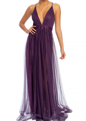 Luxxel Selena Tulle Maxi Dress in Dark Purple