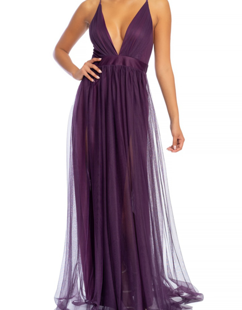 Luxxel Selena Tulle Maxi Dress in Dark Purple