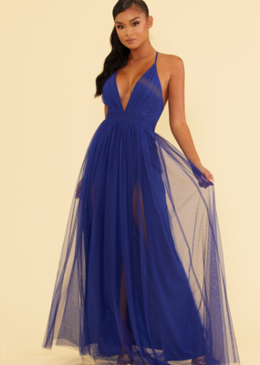 Luxxel Selena Tulle Maxi Dress in Royal Blue