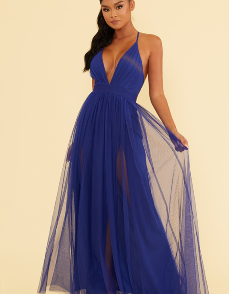 Luxxel Selena Tulle Maxi Dress in Royal Blue