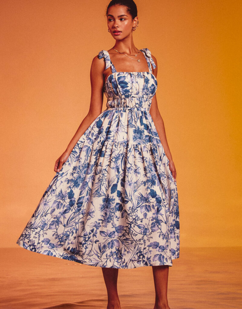Dress Forum Love Letter Shirred Fit & Flare Midi Dress in Porcelain Blue