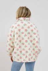 Brunette the Label Floral Sherpa Jacket in White with Pink Flowers