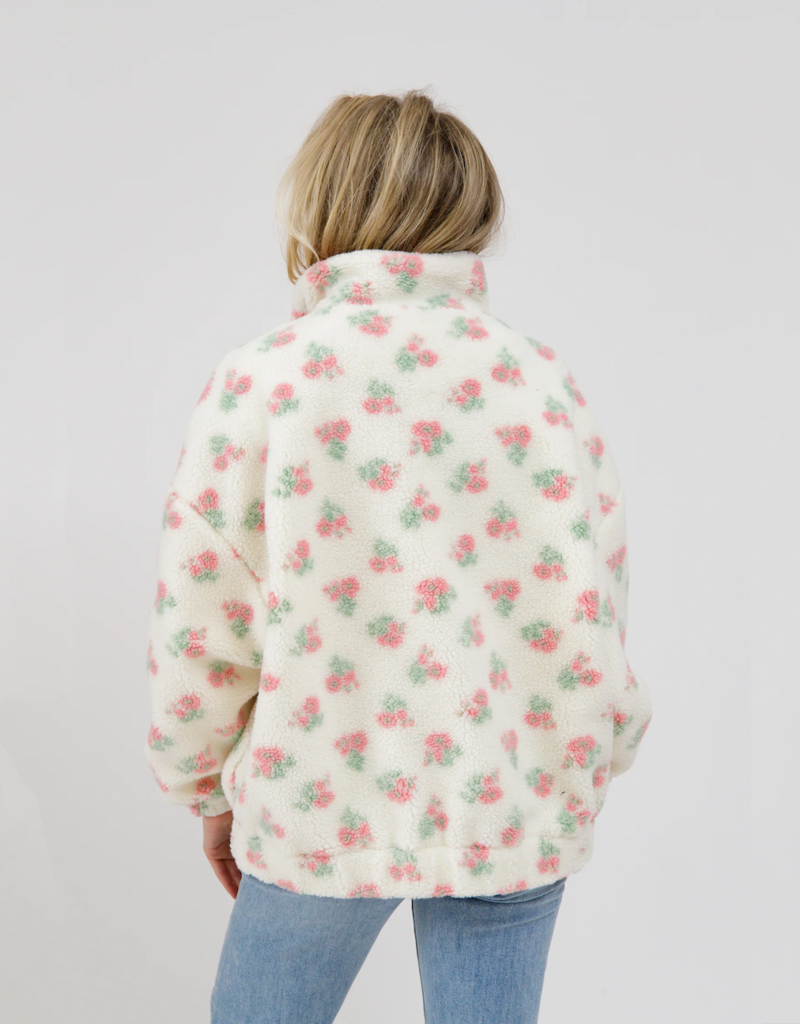 Brunette the Label Floral Sherpa Jacket in White with Pink Flowers