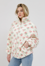 Brunette the Label Floral Sherpa Jacket in White with Pink Flowers