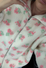Brunette the Label Floral Sherpa Jacket in White with Pink Flowers