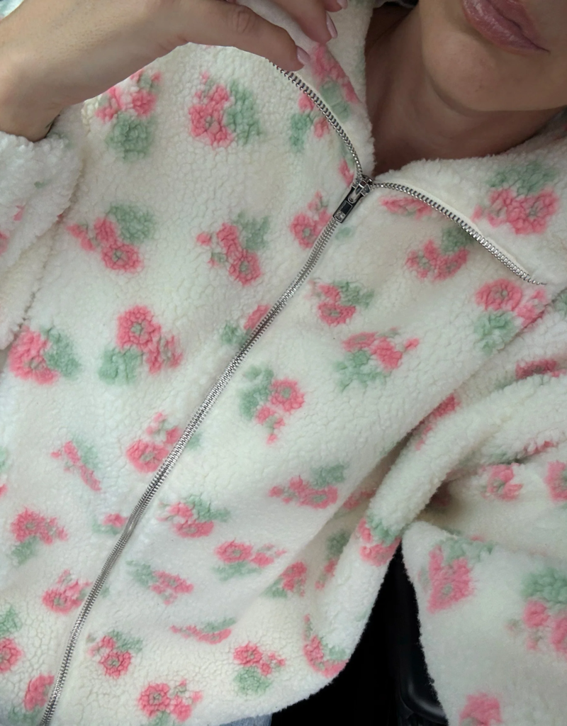 Brunette the Label Floral Sherpa Jacket in White with Pink Flowers