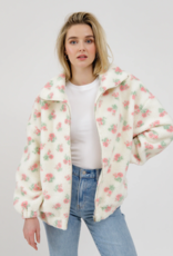 Brunette the Label Floral Sherpa Jacket in White with Pink Flowers