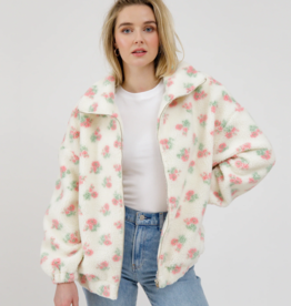 Brunette the Label Brunette the Label - Floral Sherpa Jacket in White with Pink Flowers