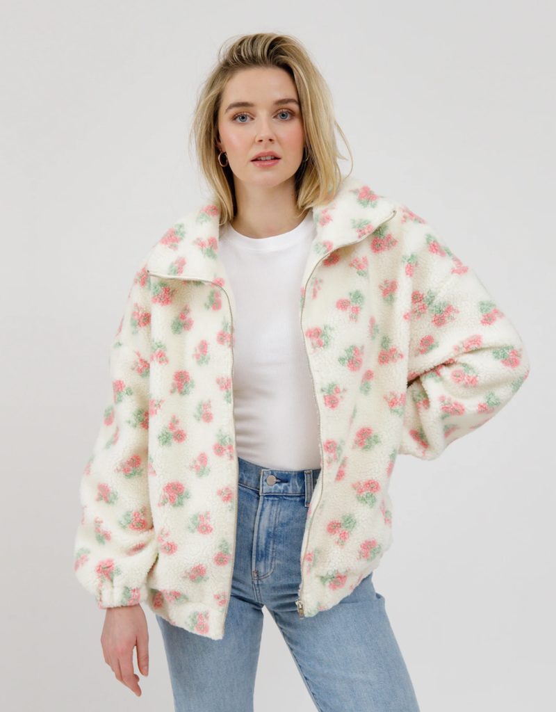 Brunette the Label Floral Sherpa Jacket in White with Pink Flowers