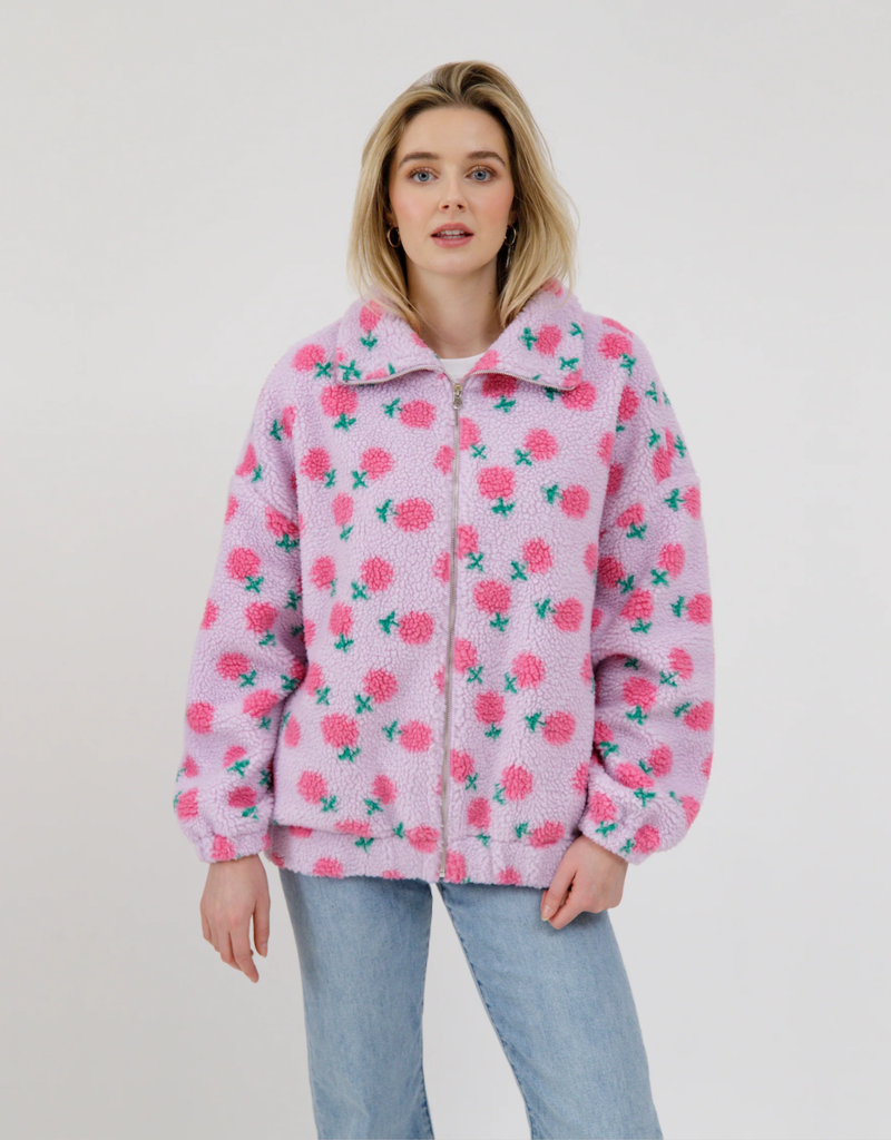Brunette the Label Floral Sherpa Jacket in Purple with Pink Flowers