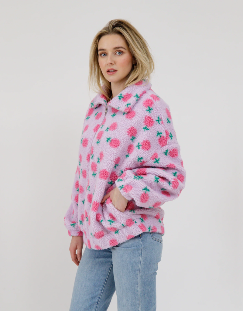 Brunette the Label Floral Sherpa Jacket in Purple with Pink Flowers