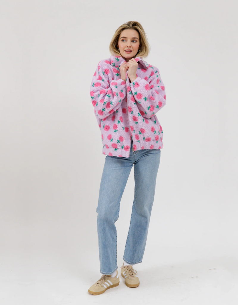 Brunette the Label Floral Sherpa Jacket in Purple with Pink Flowers