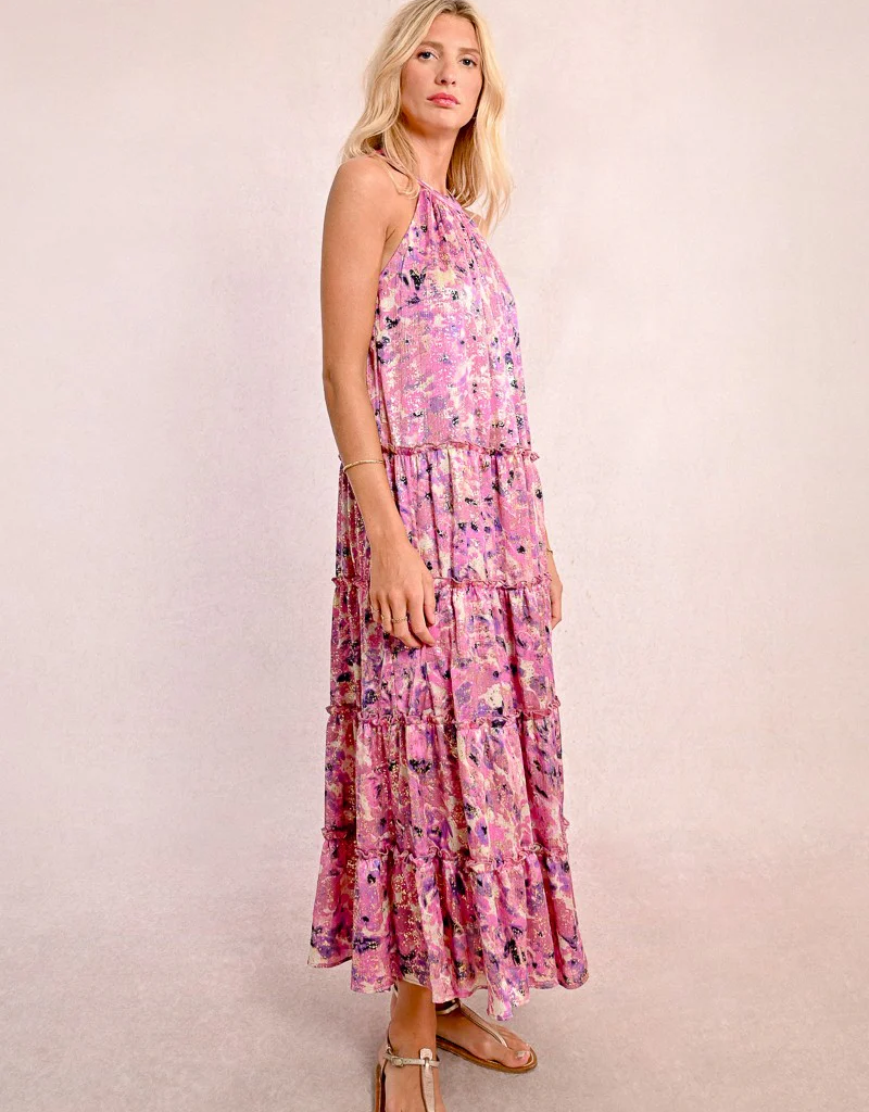 Molly Bracken Tia Printed Halter Tiered Maxi Dress
