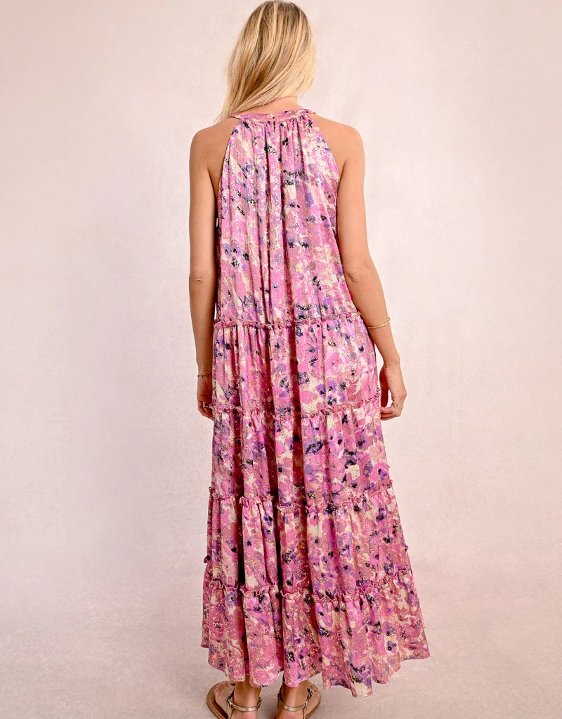 Molly Bracken Tia Printed Halter Tiered Maxi Dress