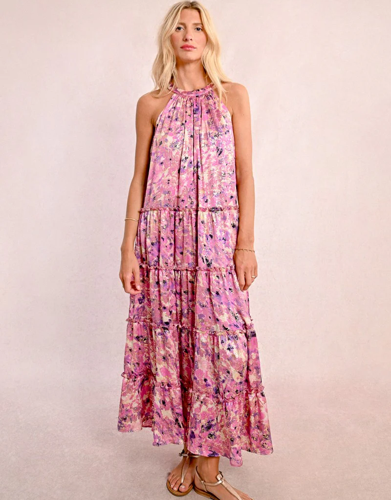 Molly Bracken Tia Printed Halter Tiered Maxi Dress