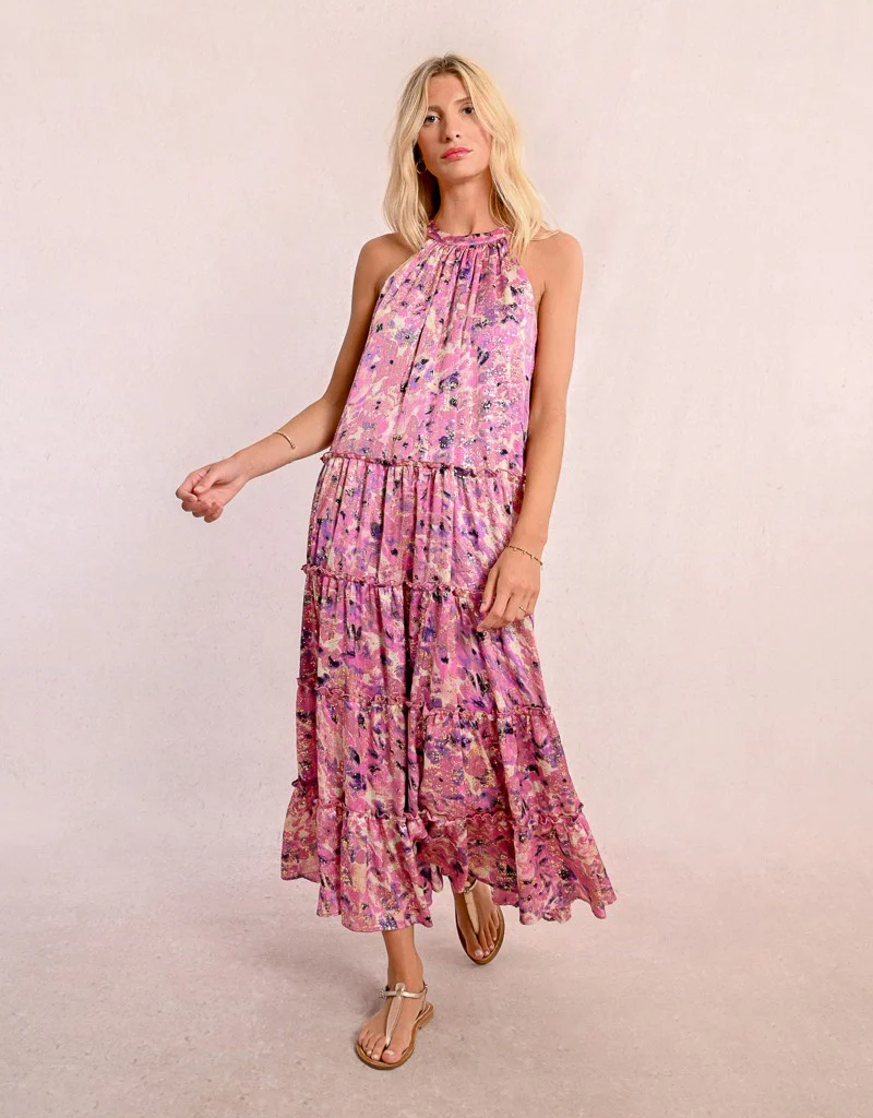 Molly Bracken Tia Printed Halter Tiered Maxi Dress