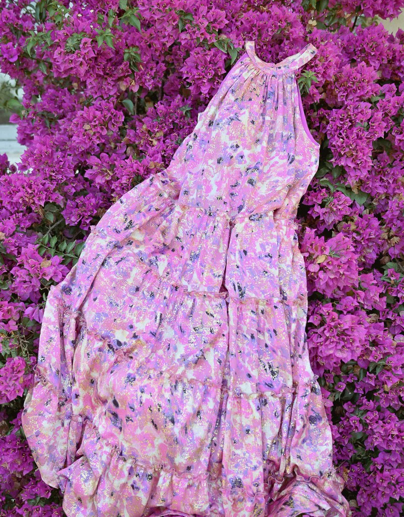 Molly Bracken Tia Printed Halter Tiered Maxi Dress