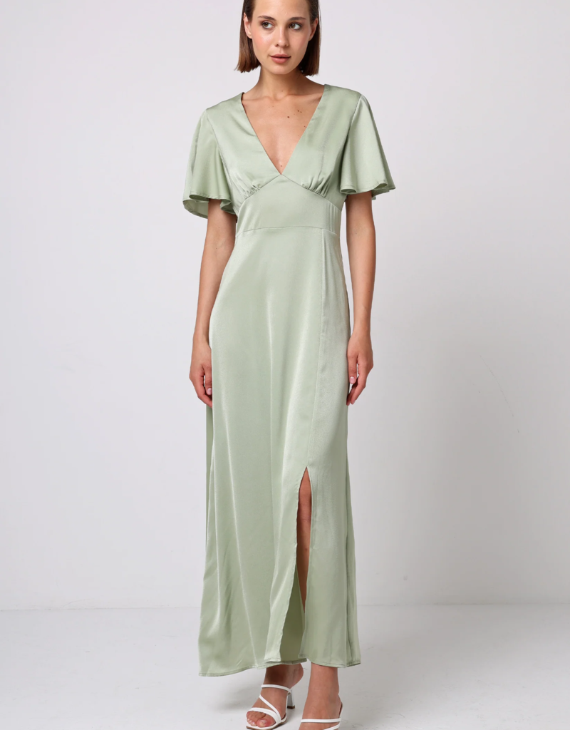 Angel Eye Caviar Satin Maxi Dress in Sage
