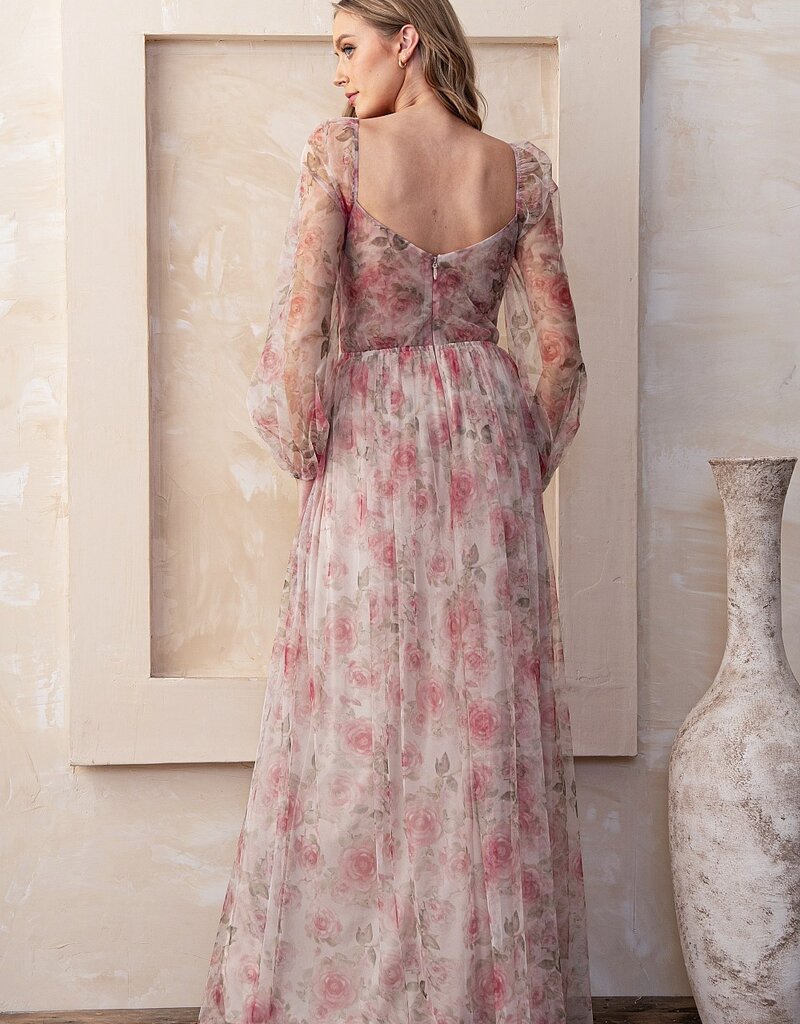Soieblu Nessa Rose Print Long Sleeve Mesh Maxi Gown