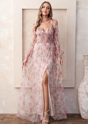 Soieblu Nessa Rose Print Long Sleeve Mesh Maxi Gown