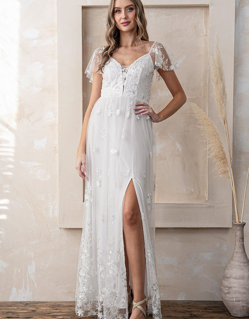 Soieblu Angelica Short Sleeve V-Neck Embellished Maxi Gown in White