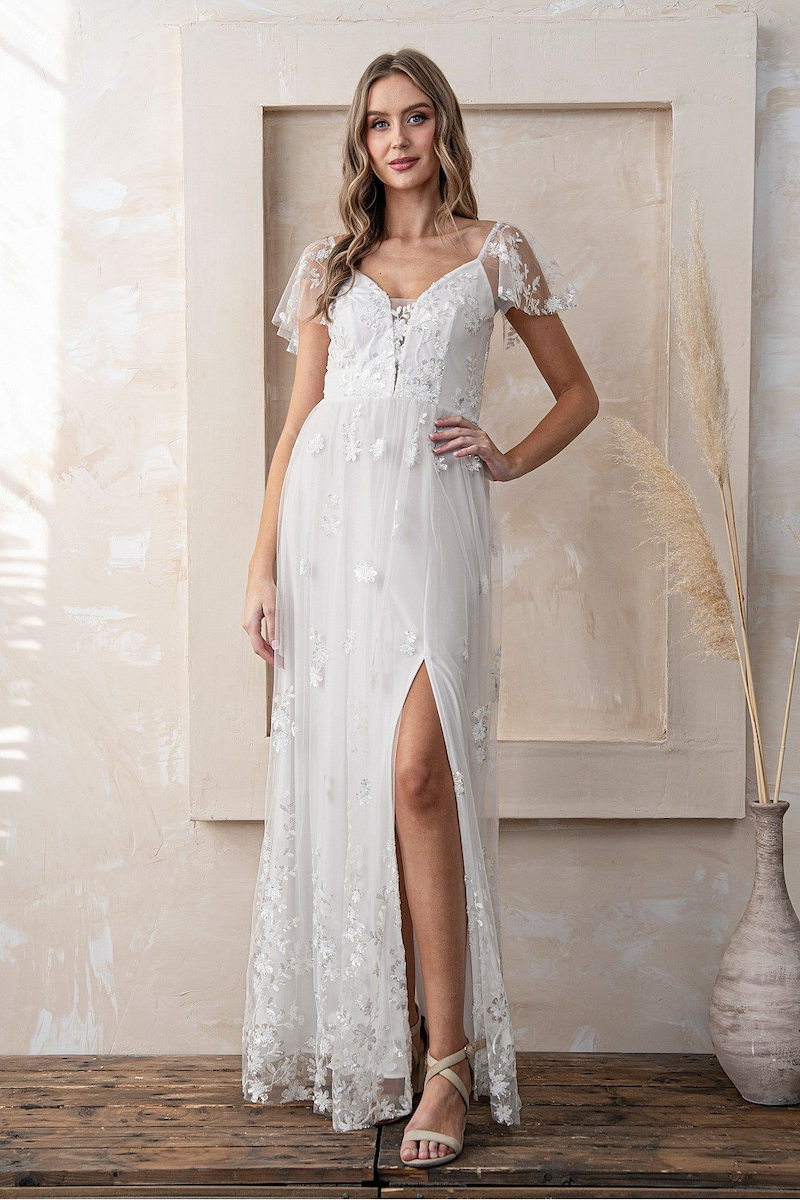 Angelica Short Sleeve V-Neck Embellished Maxi Gown in White - Adorn Boutique