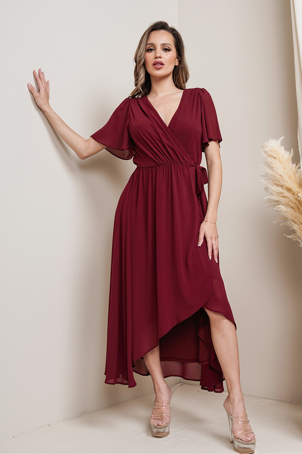 Lexi Midi Wrap Dress in Wine Red Adorn Boutique