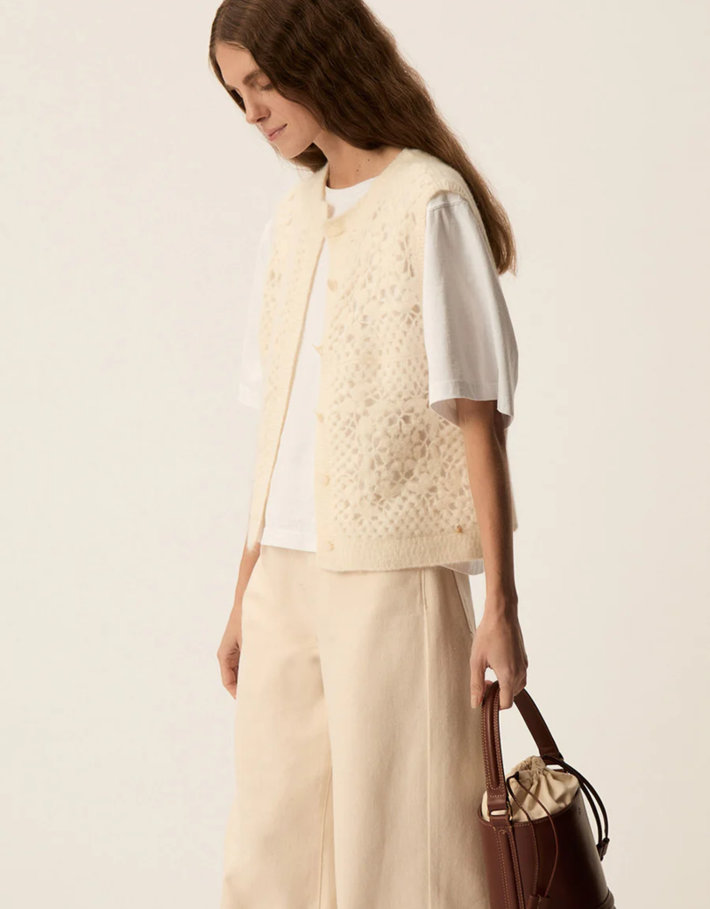 Des Petits Hauts Cemilie Open Work Sleeveless Button Cardigan