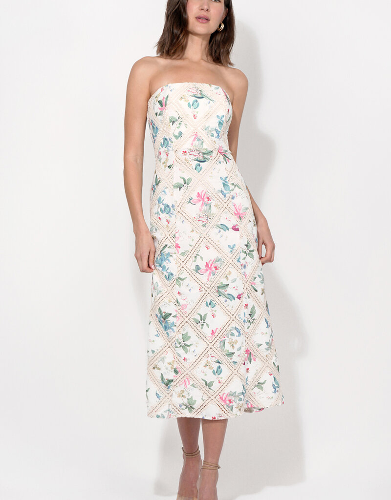Adelyn Rae Manon Crochet Printed Strapless Midi Dress