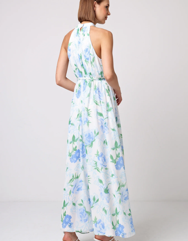 Angel Eye Lemon Floral Halter Dress in White and Blue Floral