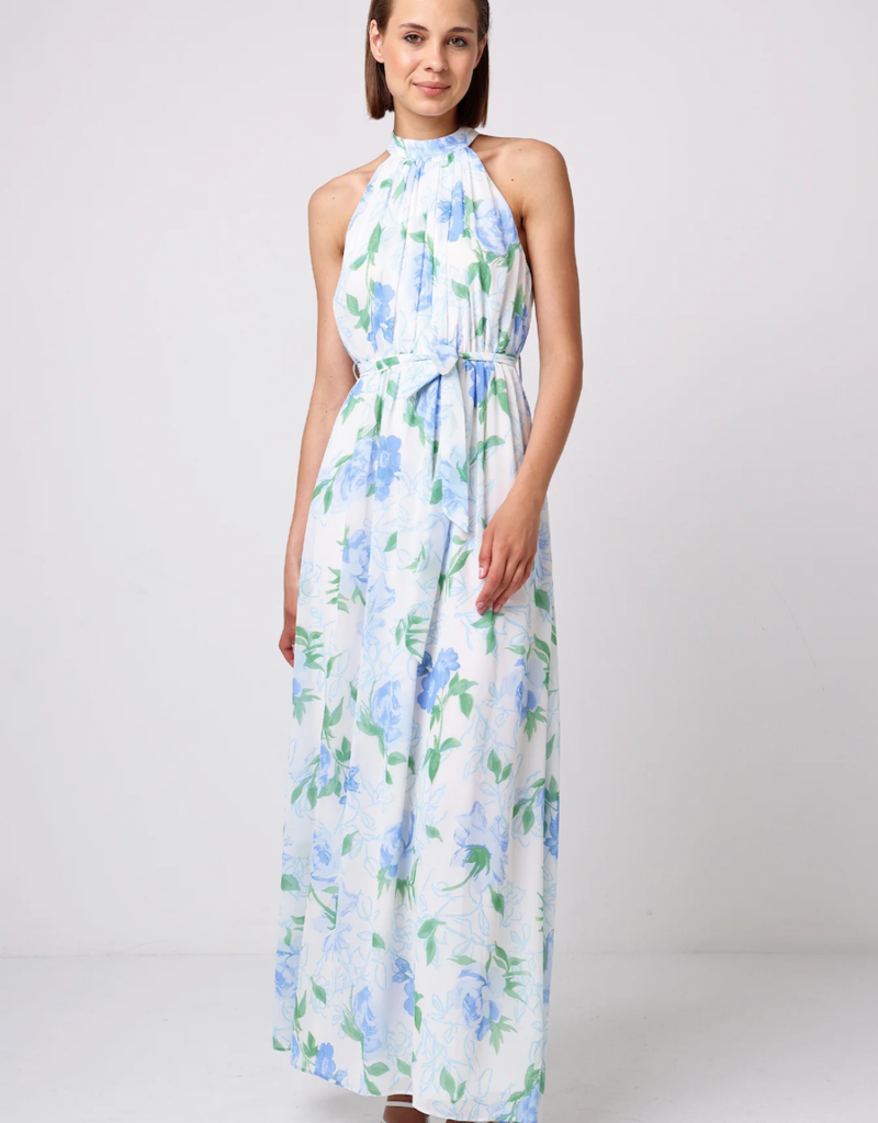 Angel Eye Lemon Floral Halter Dress in White and Blue Floral