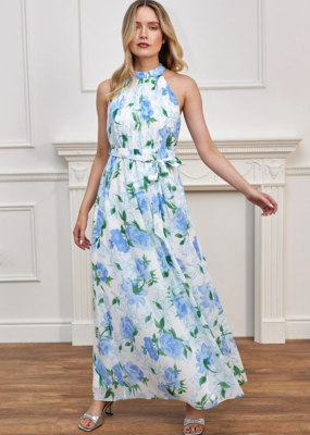 Angel Eye Lemon Floral Halter Dress in White and Blue Floral