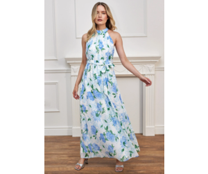 Lemon Floral Halter Dress in White and Blue Floral - Adorn Boutique
