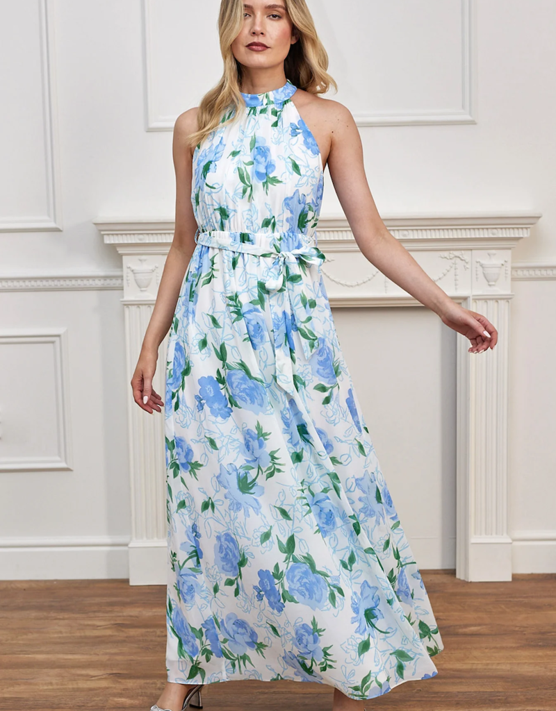 Angel Eye Lemon Floral Halter Dress in White and Blue Floral
