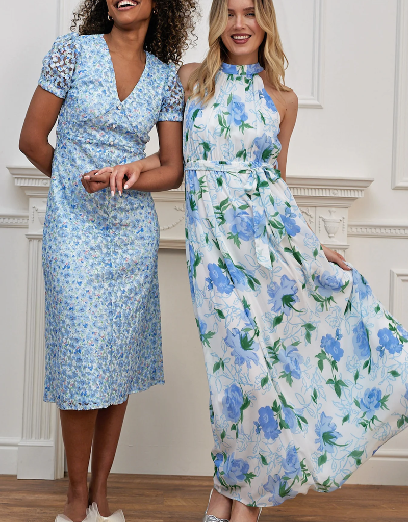 Angel Eye Lemon Floral Halter Dress in White and Blue Floral