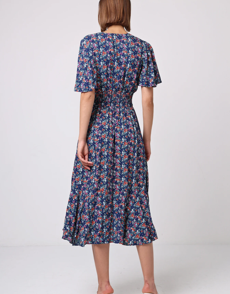 Angel Eye Paige Flutter Sleeve Midi Dress in Navy Floral
