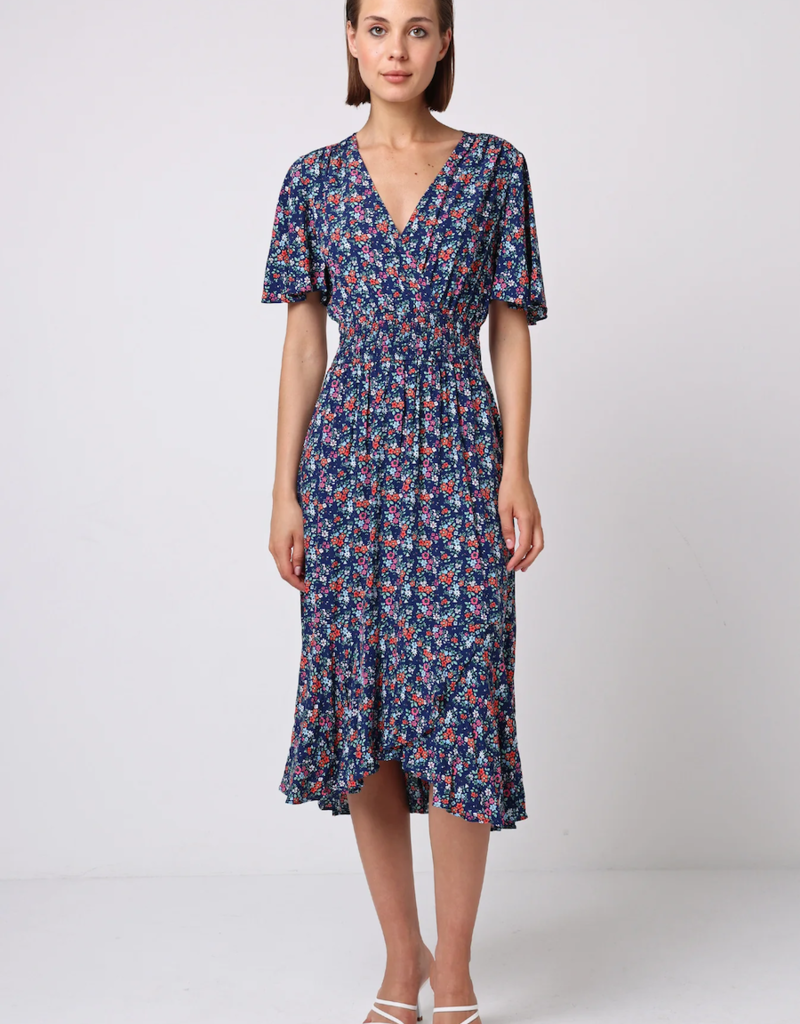 Angel Eye Paige Flutter Sleeve Midi Dress in Navy Floral